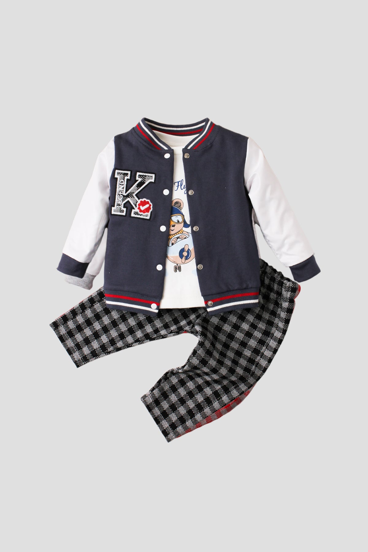 Bebek Kolej Ceketli Ekose Pantolonlu Unisex 3'lü Takım 9-24 Ay